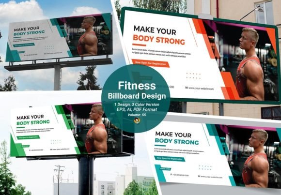Dynamic Fitness & Gym Billboard Templates: 3 Color Versions