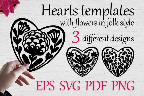 Heart Templates with Flowers, Svg Vol-02: Folk Style Design Assets